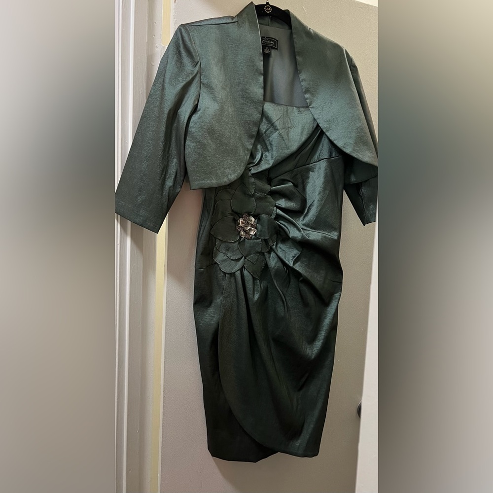 Two-piece, green satin dress and jacket